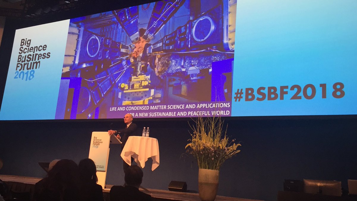 esrfsynchrotron's tweet photo. Now @FrancescoDSette on stage speaking about #BigScience #Synchrotron and its impact for #EUscience #EUindustry at #bsbf2018 https://t.co/r6yWhIFCne