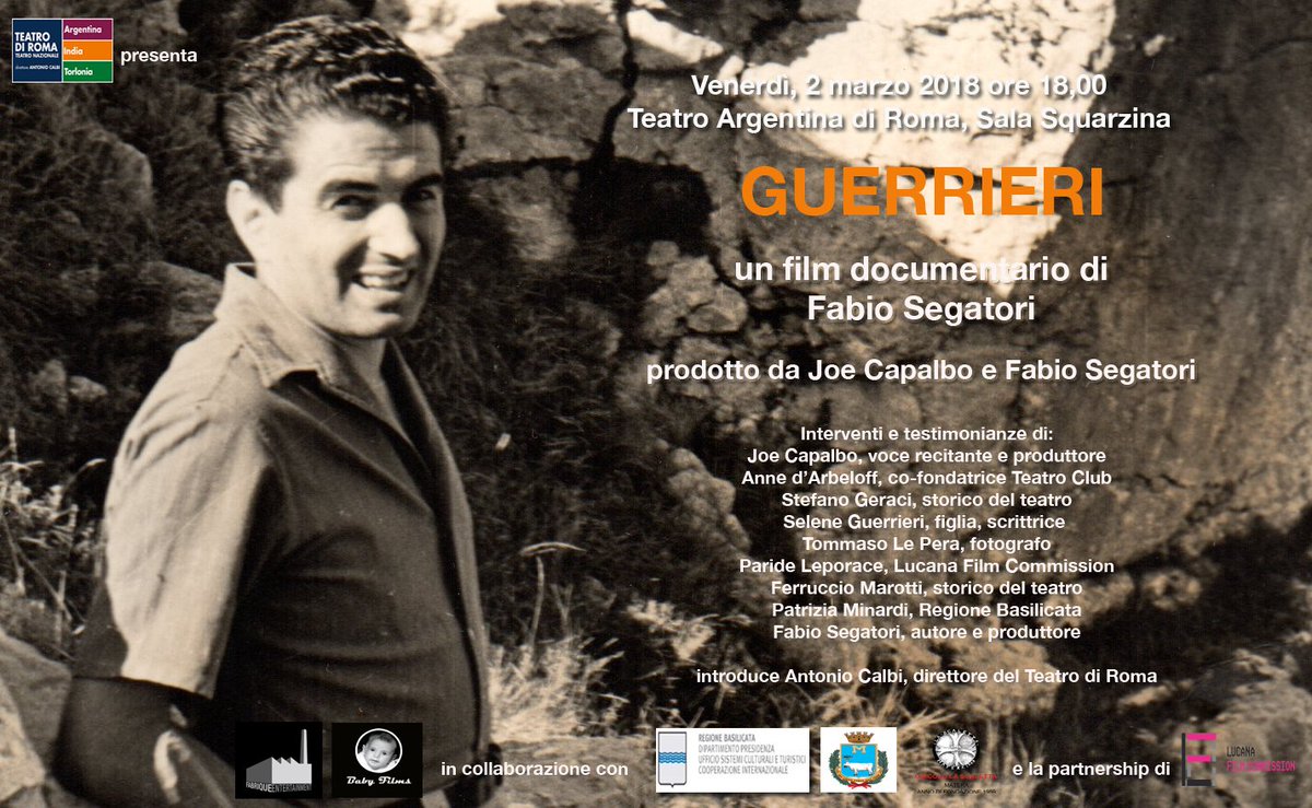 ReteCinema's tweet photo. Venerdì al #TeatroArgentina di #Roma prima nazionale di #Guerrieri di #FabioSegatori, film dedicato al grande intellettuale #GerardoGuerrieri prodotto da #FabriqueEntertainment e #BabyFilms con #RegioneBasilicata, @comunedimatera, #CircoloLaScaletta e @LucanaFilm. Vi aspettiamo! https://t.co/VWpXCHq7Y8
