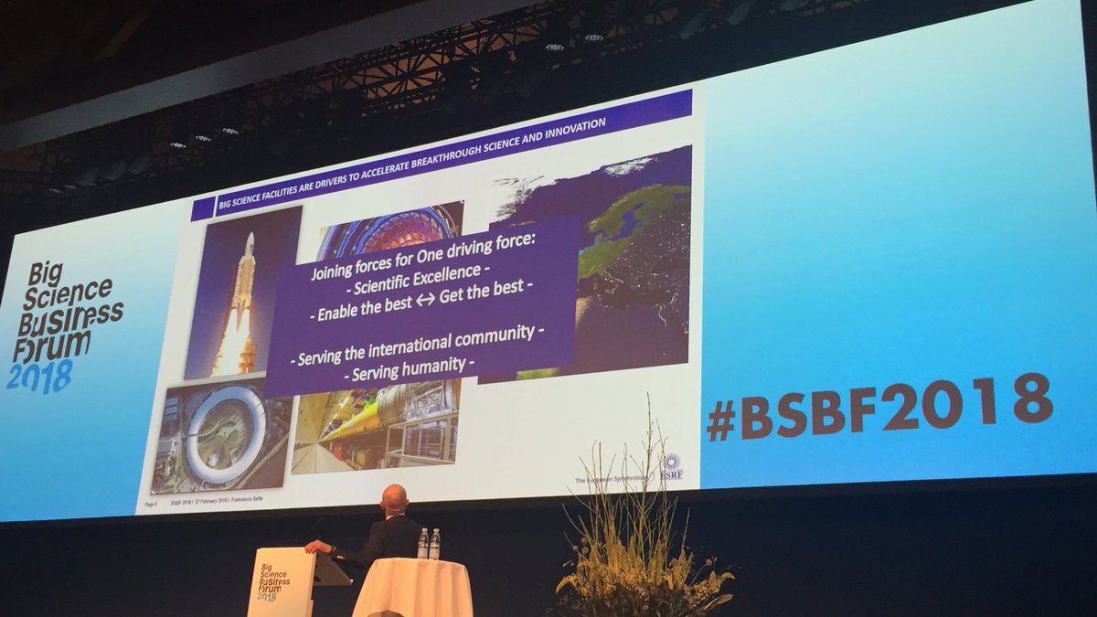 esrfsynchrotron's tweet photo. “Joining forces for one driving force: scientific excellence to serve humanity” @FrancescoDSette underlining the #EUmodel #EUscienxe #EUindustry at #bsbf2018 https://t.co/63xiJTFMqj