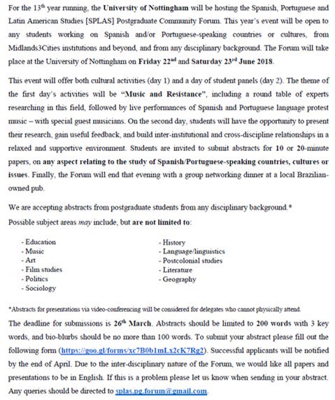 SPLAS_UoN's tweet photo. The UoN @splaspgforum Call for Papers is now live!

Submissions welcome on ANY aspect of #Spanish, #Portuguese or #Latin American studies countries/languages/culture!

Submit your abstract on our Google Form https://t.co/ZLGZnf8Ftg …

Deadline 26th March! https://t.co/62G5hAQC8D https://t.co/XsNvYHP9mE