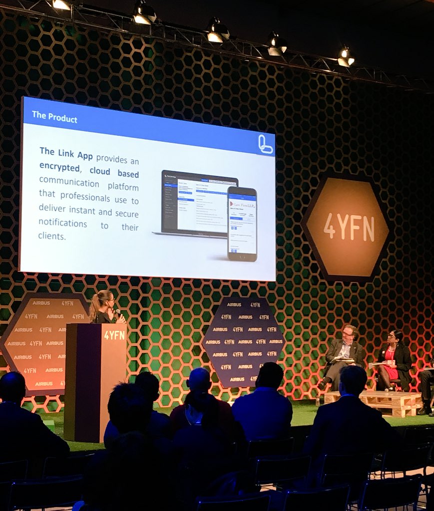 KPMG_EG_UK's tweet photo. Lauren from @thelinkappHQ pitching  communication modernisation for the legal sector #BestBritishMobileStartup @4YFN_MWC https://t.co/Am4CTspUx3
