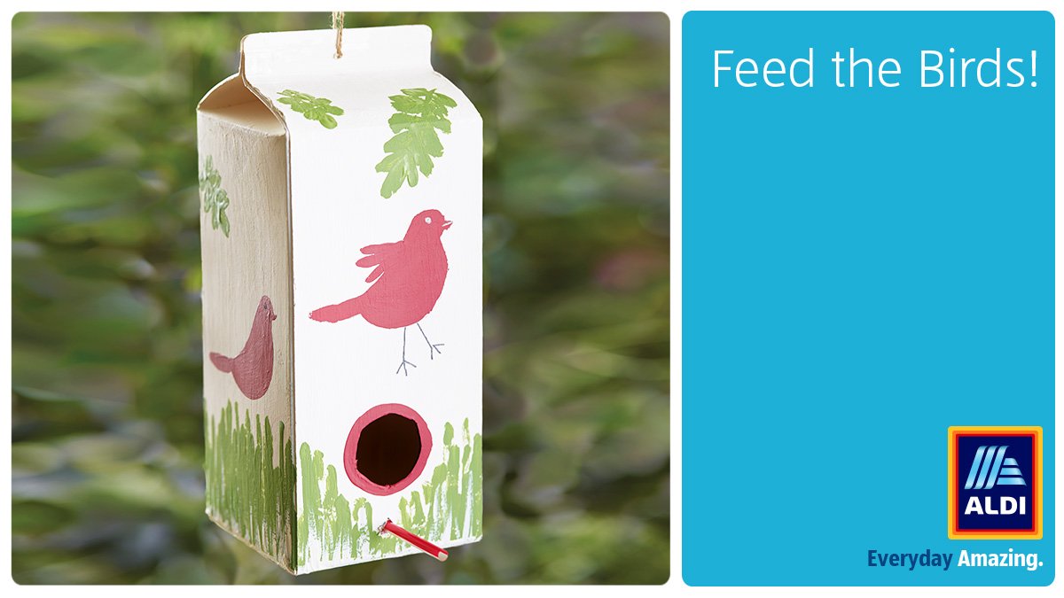 AldiUK's tweet photo. Feed the birds for less than tuppence a bag; use leftover rice, cereal, seeds or fruit! Why not decorate an empty milk container to welcome birds back to your garden this spring? https://t.co/U5CjVcmbyU