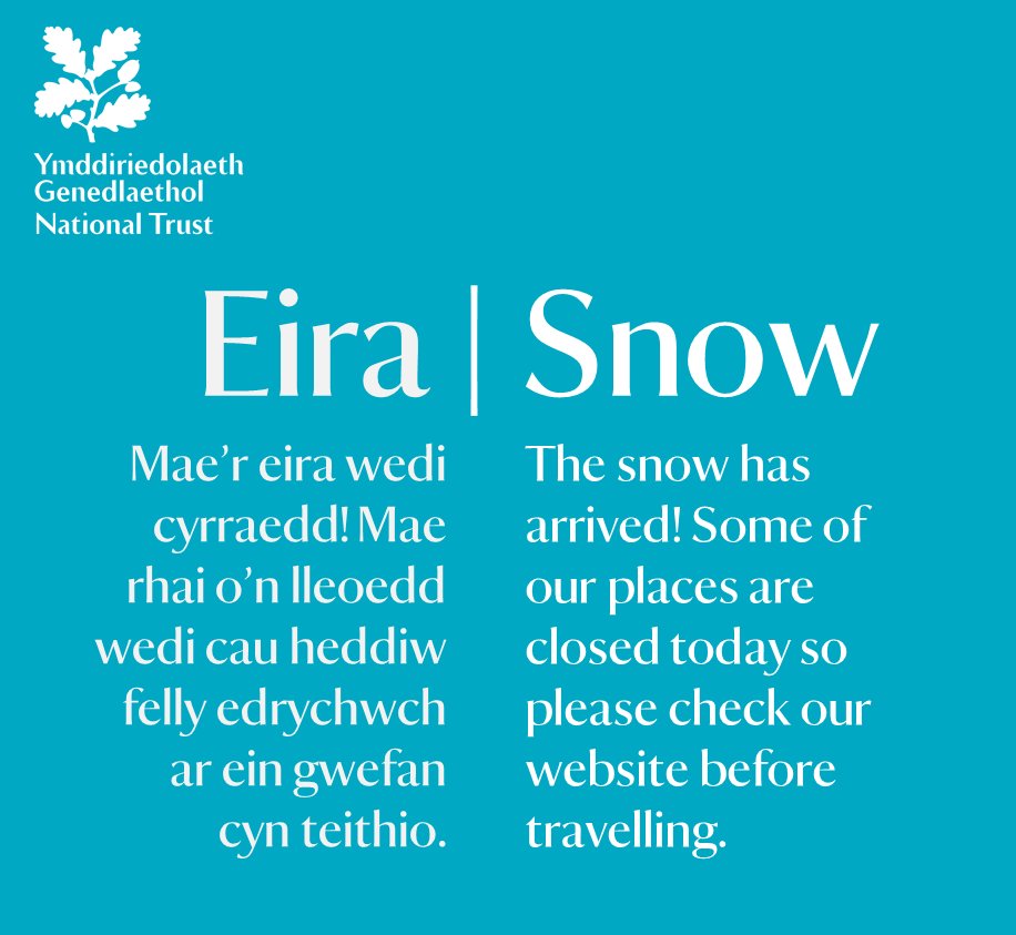 The #BeastFromTheEast has arrived! Due to snow and icy conditions, these properties will be closed today, we apologise for any inconvenience; 
• @BodnantGardenNT 
• @PenrhynCastleNT 
• @NTPlasNewydd 
• @ChirkCastleNT 
• @ErddigNT 
• @NTPowisCastle