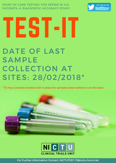 TESTITtrial's tweet photo. TEST-IT Sites: Last day for sample collection is tomorrow (28/02/2018), though you will still have a 72-hour window to place to allow for consent to be gained (ENG / NI). Please contact the team if any issues. https://t.co/KSzKwPwJAl
