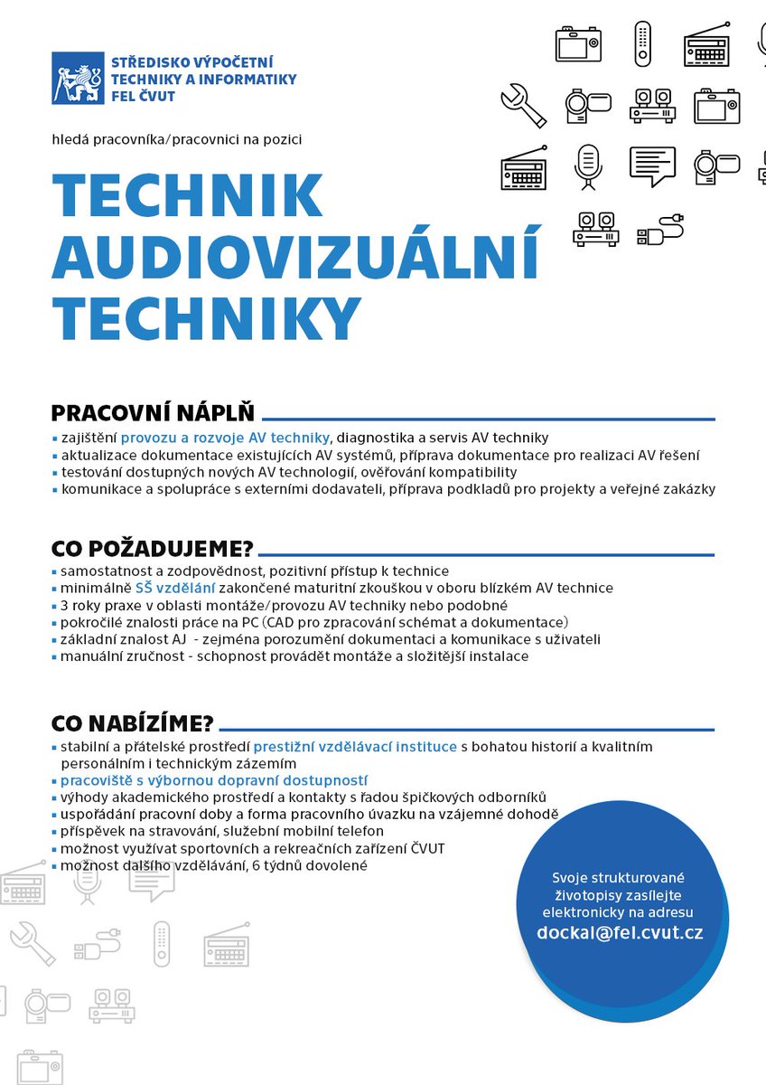 M4RSarK's tweet image. Na #felcvut hledáme chytrou hlavu a šikovné ruce do našeho SVTI týmu na pozici Technik AV. Nabízíme HPP. Samozřejmě rádi uvítáme i slečnu/paní. Pokud máte zájem pracovat na #cvut, tak se ozvěte. jobs.cz/rpd/1271613126…