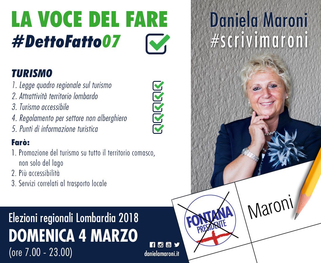 DanielaMaroni2's tweet photo. Detto👉Fatto✅
Uno dei punti di forza della mia legislatura #legge #Turismo #attrattività #Lombardia #turismoaccessibile. Il #4marzo #scrivimaroni per migliorare servizi e promozione #territorio #Como. Vota #lavocedelfare #elezioni #FontanaPresidente https://t.co/iFkterlQGU