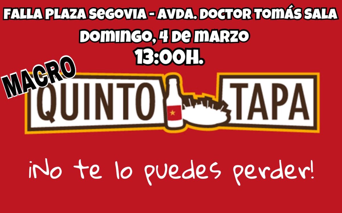 ¡MACRO QUINTO Y TAPA!

Domingo, 4 de marzo a las 13:00h. 

¡No te lo puedes perder!

#fallas18fps #fallaplazasegovia