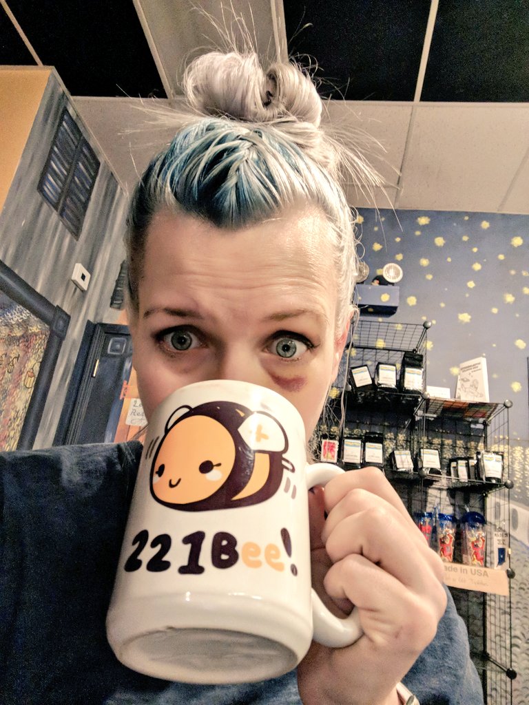 JoanofDarkKnits's tweet photo. Still wearing last night's eyeliner and bun. #savemecoffee #strangebrew https://t.co/876LktVZxj