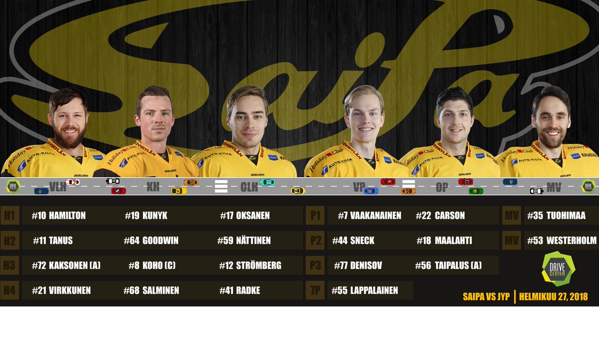 Liiga_SaiPa's tweet photo. Illan #DriveCenter -kokoonpano tänään JYPiä vastaan. Ottelu on @badvlad7 'lle ensimmäinen Kisapuistossa.
#SaiPa #MeidänPojat #Liiga https://t.co/Ugn2X1FcH5