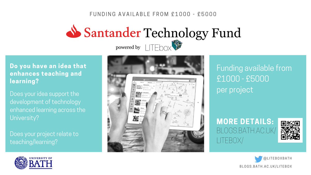 LITEboxBath's tweet photo. Final two days before the Santander Technology Fund Application closes for this academic year! More info at: https://t.co/nbFm6qv8g6 https://t.co/6bhsRoaTed