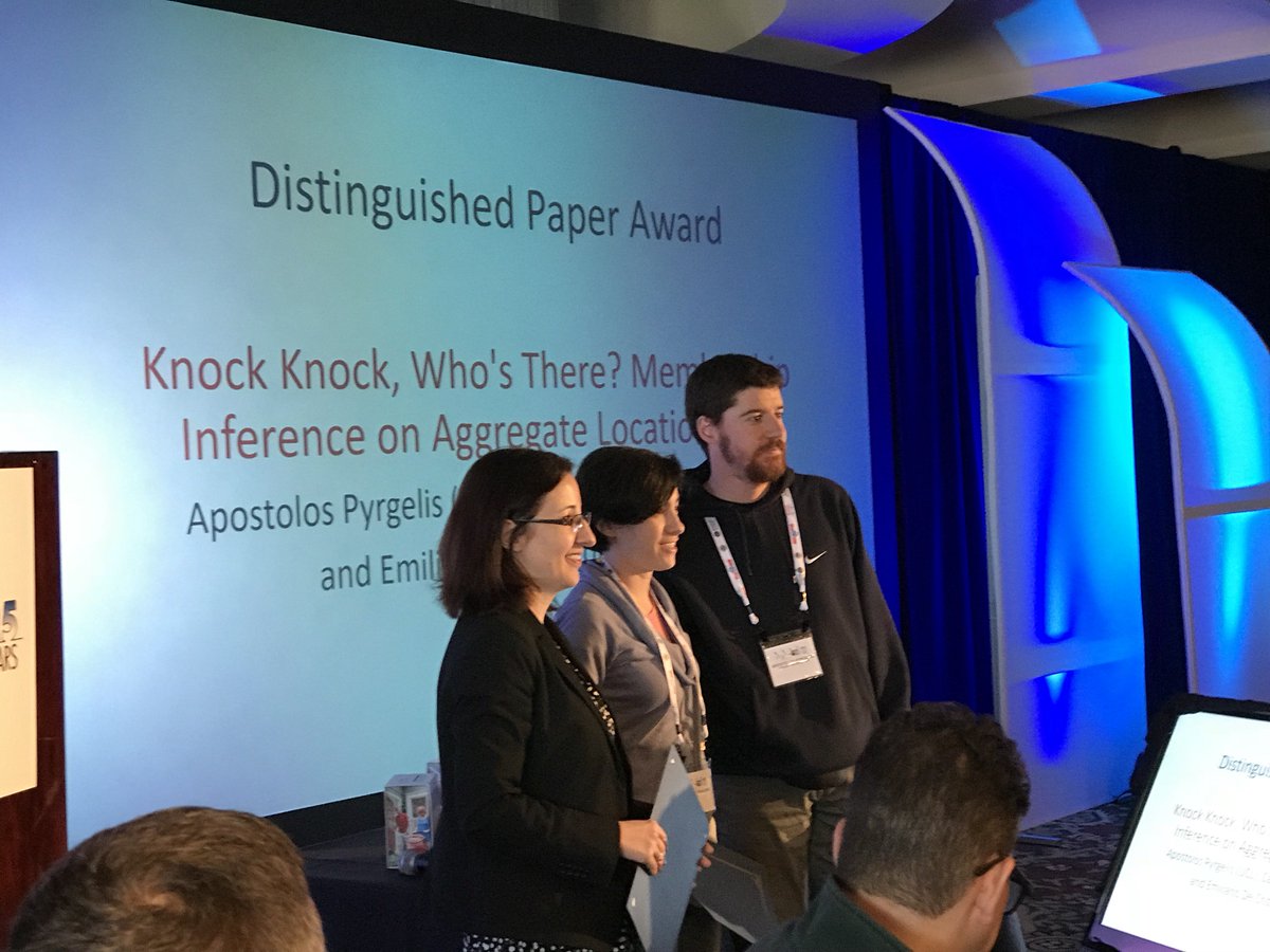 uclcs's tweet photo. Brilliant to see @emilianoucl, Apostolos and @carmelatroncoso win the Distinguished Paper Award at the #NDSS18! Find out more about their paper on membership #inference: https://t.co/LxQ8C1ydww @UCLEngineering #security #computerscience https://t.co/ldFj85hLzt
