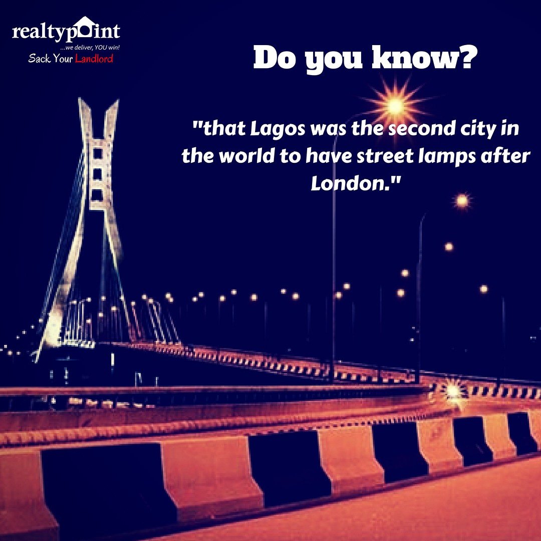 Realtypointltd's tweet photo. #Realestatefacts:
Did you know that Lagos, Nigeria was the second city in the world to have street lights?
#Didyouknow
#Realestate #Investments #Realtypointltd https://t.co/m4Aqjlcnbn