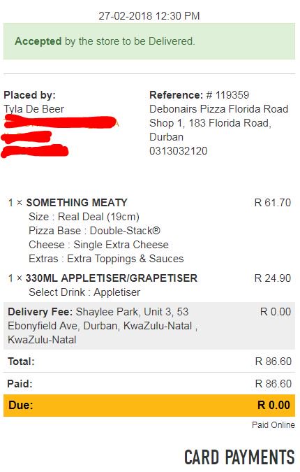tytonidebeer's tweet photo. @DebonairsPizza Shocking Service! Paid online, accepted by the store online. - Phone call to say you dont deliver! FIX your system! HANGRY at work! https://t.co/Rm4YPO8hUL