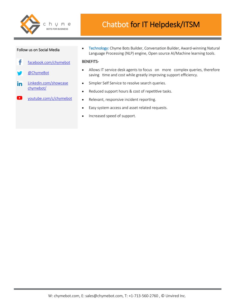 ChymeBot's tweet photo. Chyme #chatbot integration with leading IT #helpdesk system @servicenow at a Global Services Company. #casestudy #AI #NLP #AIbot #HelpdeskBot #chatbots #MachineLearning #productivity https://t.co/hl4OzS9gQP