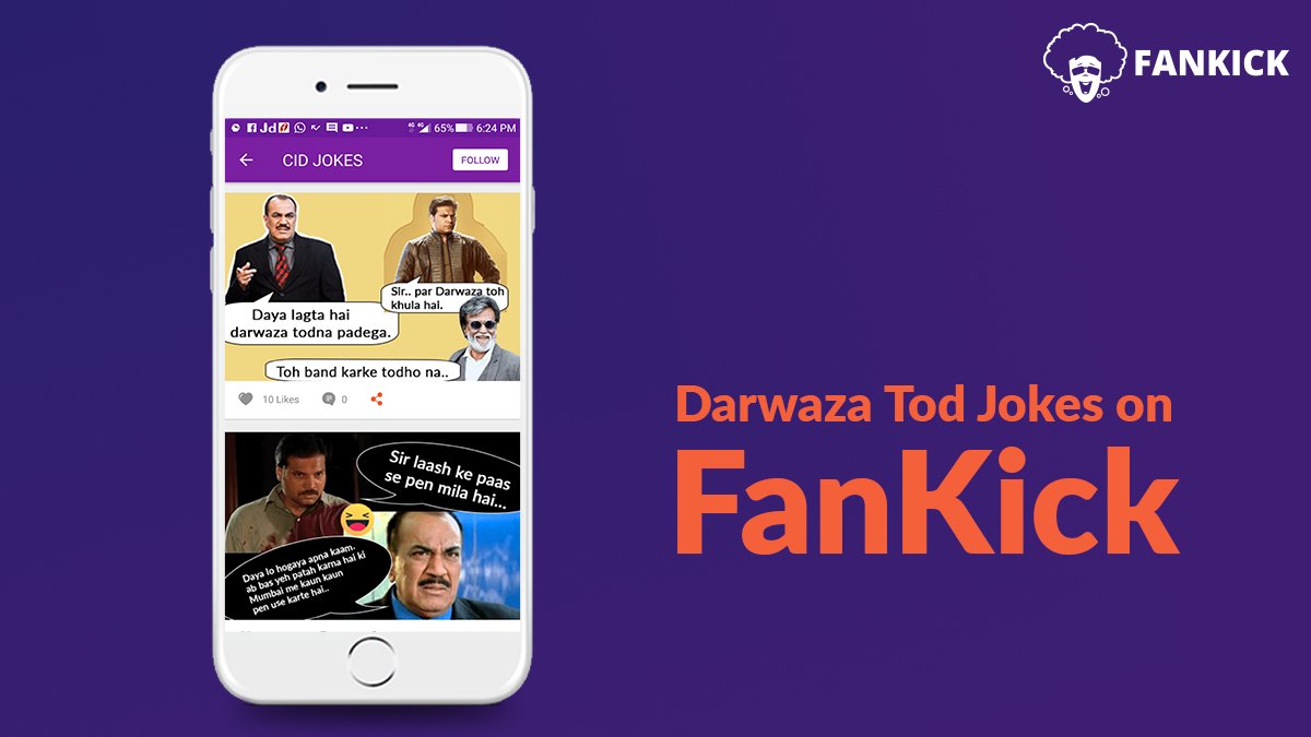 FanKickGlobal's tweet photo. Do you wanna know how #Rajini reacts to ACP Pradyuman's 'Daya darwaza todna hai.'? Install #FanKickApp and checkout our CID Jokes fun club. To keep laughing more install the #FanKickApp: https://t.co/CJWoVxjK5o
#CIDJokes https://t.co/Cw4HcJRbog