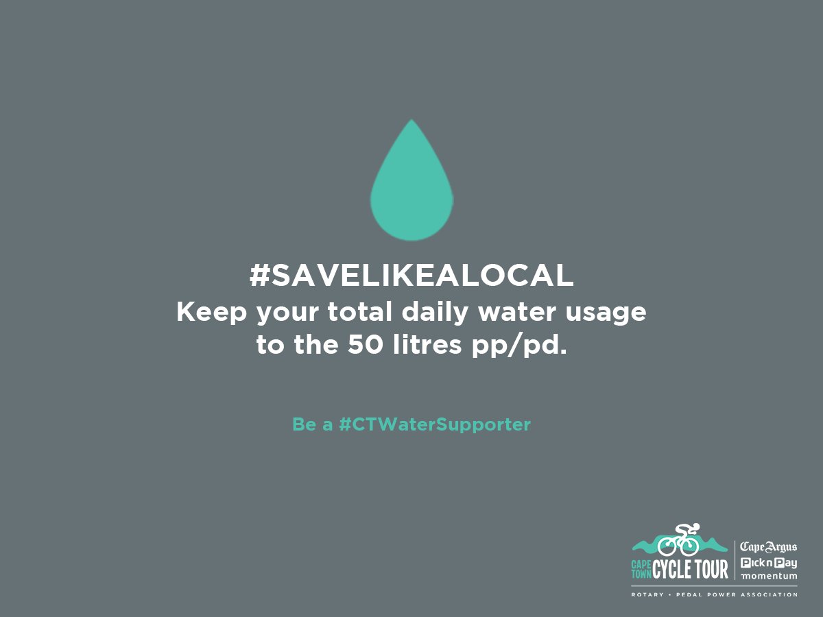 CTCycleTour's tweet photo. Out-of-town riders, thanks for all the support. Here are some tips on how to be a #CTWaterSupporter. #EveryDropCounts 
* Your daily allowance of 50 litres pp/pd includes your hydration, cooking, flushing, cleaning, etc.
* Take your laundry home
* Keep your shower under 2 mins https://t.co/z4TW49Eytr