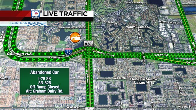 ABANDONED CAR: I-75 SB & SR-826; off-ramp is blocked. ALT: Graham Dairy Rd. #TRAFFIC #MIAMI https://t.co/iokZMy1BI8