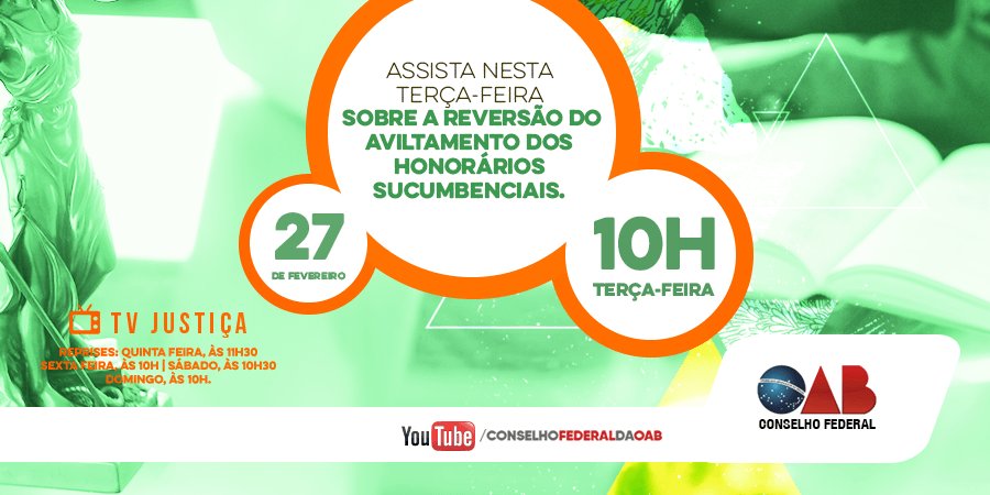 CFOAB's tweet photo. Honorários de sucumbência é tema no #ProgramaOABNacional dessa semana. 📺 Assista às 10h, na @TVJustiça. https://t.co/KlBg2ex3SB