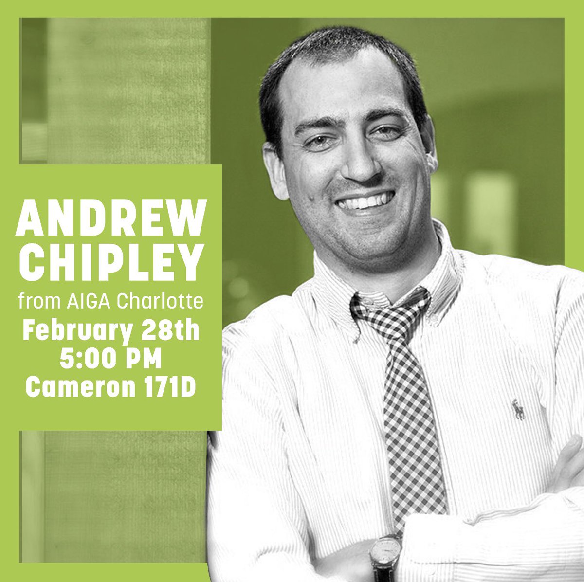 UNCCAIGA's tweet photo. TOMORROW We will host Andrew Chipley from AIGA Charlotte for a speaking event on Wednesday, February 28th at 5:00pm in Cameron 171D. He is excited to speak to all of you about everything AIGA Charlotte! https://t.co/bv7SU4FxxF