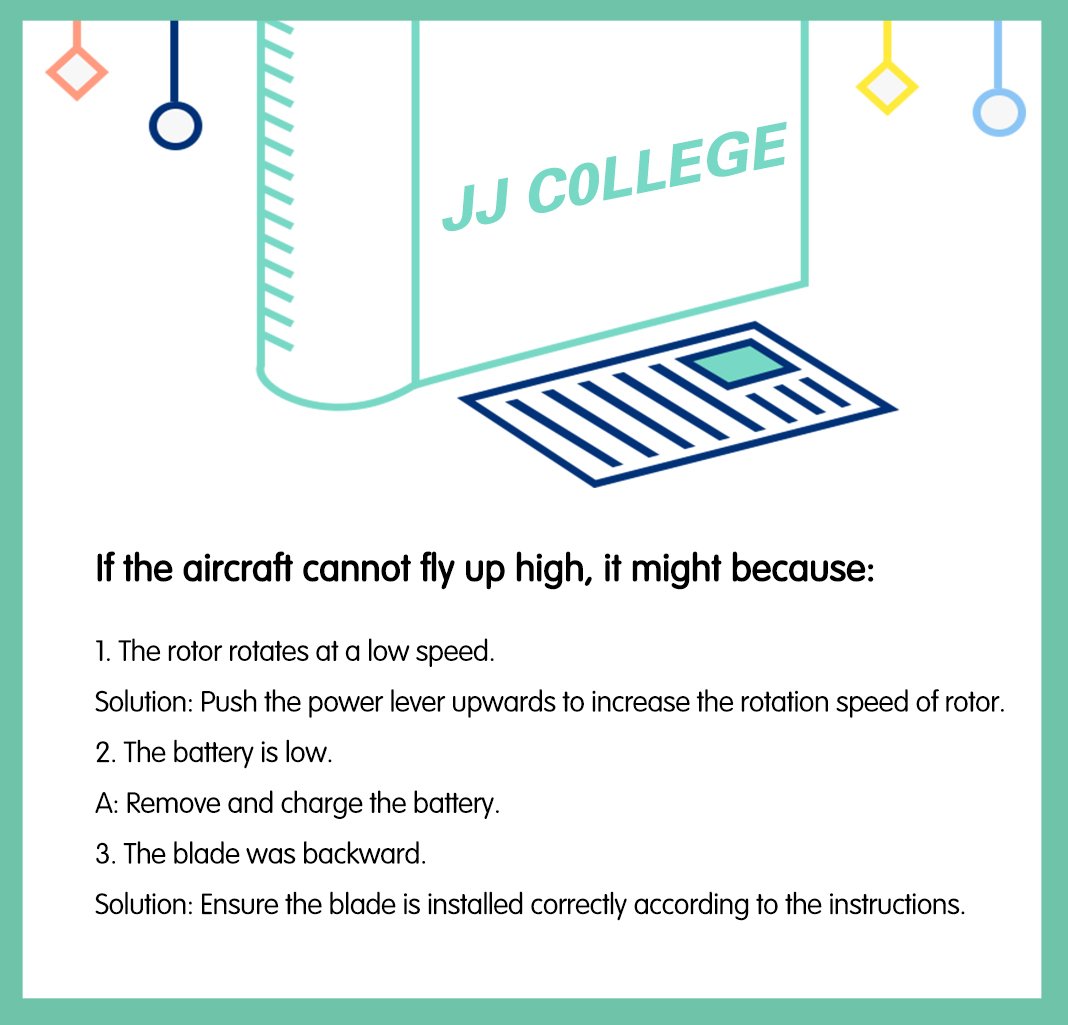 JJRCTECH's tweet image. When the drone has the problem of ascending, check if the propellers, battery and the motor are all working well. bit.ly/2nmAOWl Learn more at #JJCollege. #JJRC #TechnologyForFun