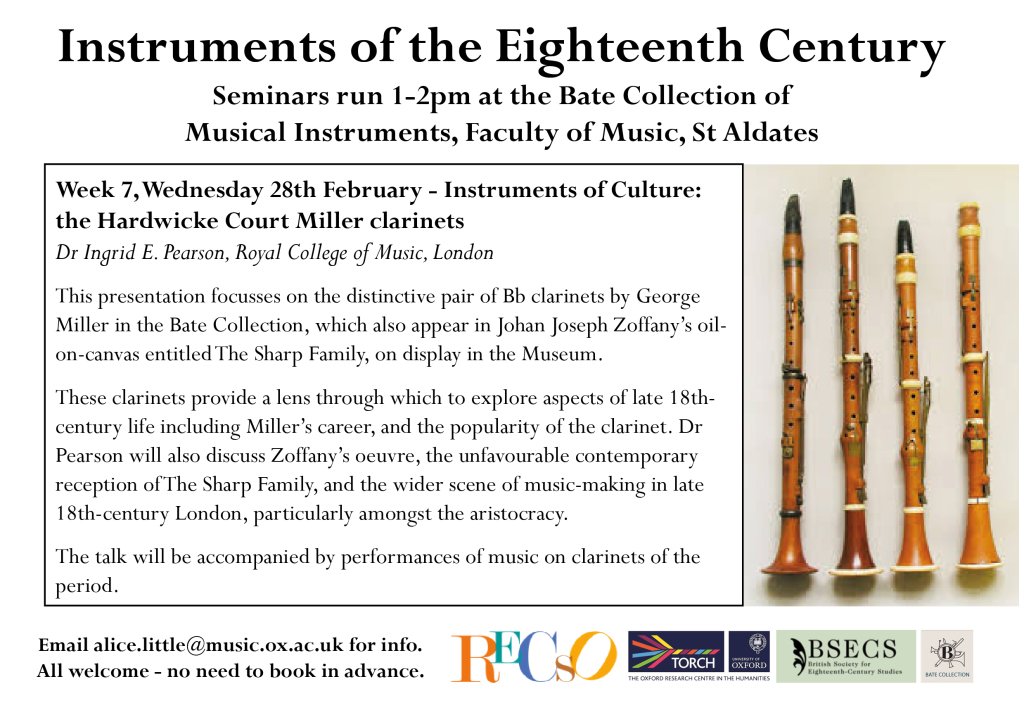 TOMORROW: Instruments of the Eighteenth Century Workshop, ‘Instruments of Culture: the Hardwicke Court Miller clarinets’, Dr Ingrid E. Pearson recsoxford.org/2018/02/27/tom…