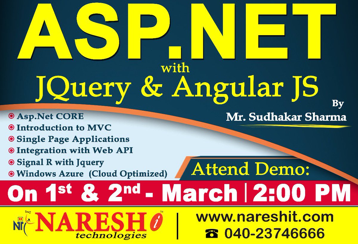 nareshitech's tweet image. Enroll now for attending demo on ASP.NET with jQuery & AngularJS by DotNet Expert Mr.#SudhakarSharma on 1st Mar'18 @ 2.00 PM - #NareshIT
Course Content: nareshit.in/asp-net-traini…
#AspDotNetTraining #jQueryTraining #AngularJSTraining #AspDotNetTraininginHyderabad