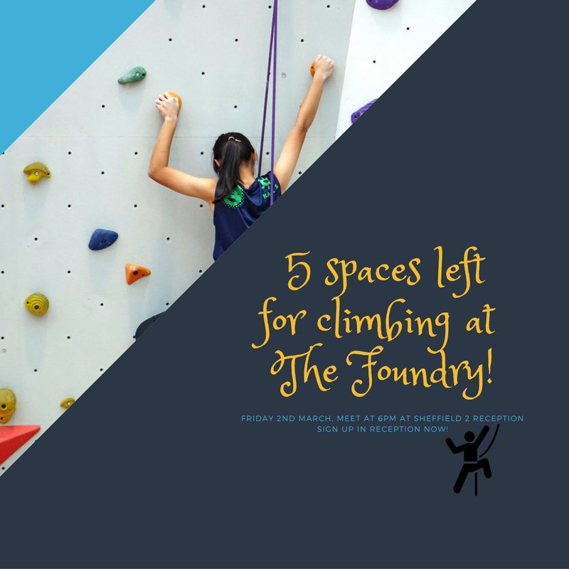 Only a few spaces left for a free 2 hour climbing session @FoundryClimbing this Friday! Sign up in reception now! #TheFoundry #sheffieldissuper #StudentRoost #Sheffield2