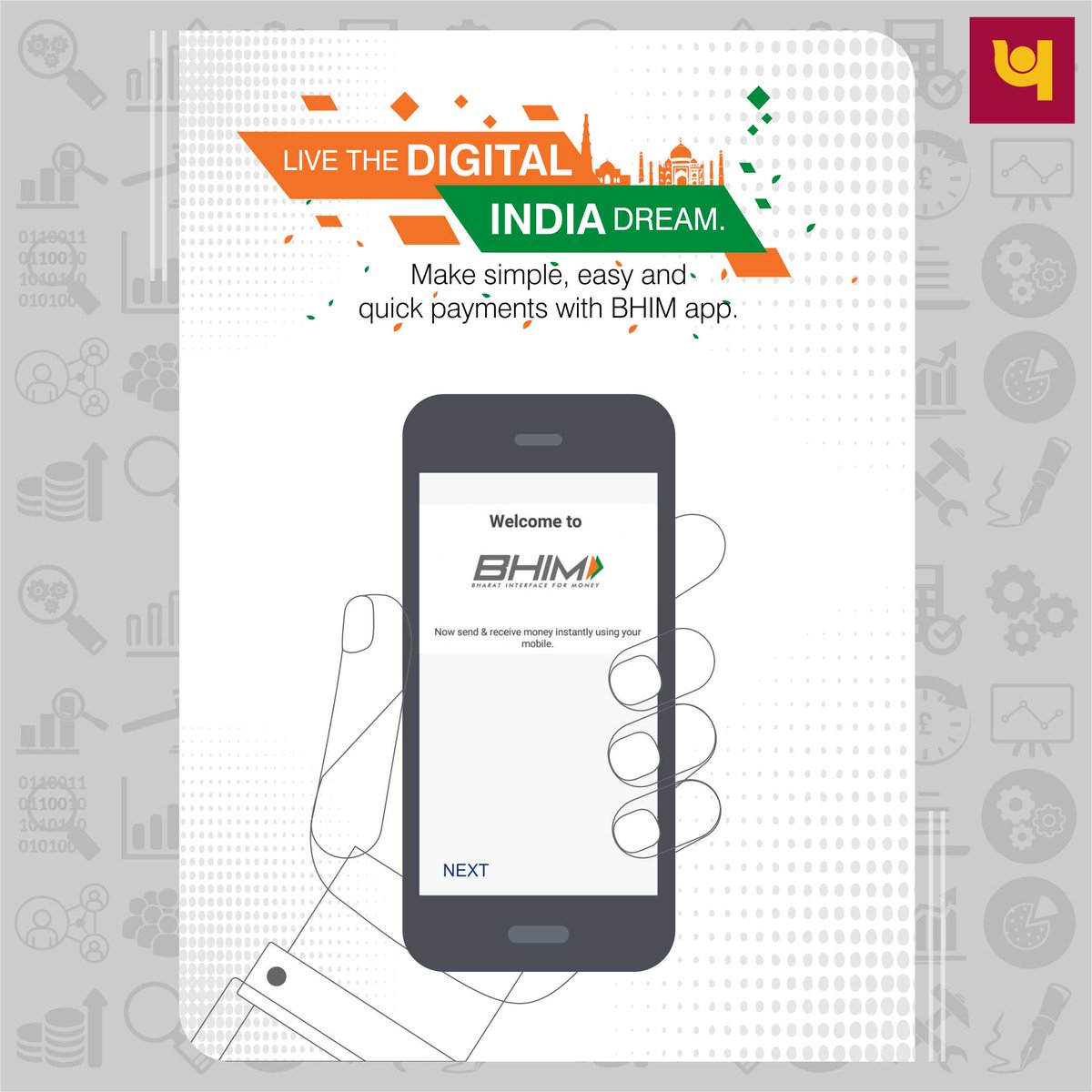 pnbindia's tweet image. Bharat Interface for Money (BHIM) is an #app that lets you make simple, easy &amp;amp; quick payment transactions using UPI. Now, you can easily make direct bank to bank payments instantly &amp;amp; collect money using just #Mobile number or Payment address. Know more bit.ly/2shIfBH