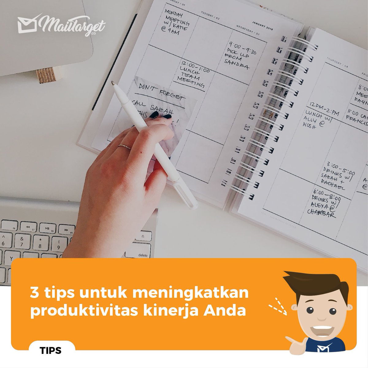 mtargetco's tweet photo. 3 tips tingkatkan produktivitas Anda:
1. Aplikasikan two minutes rule, dahulukan pekerjaan yang dapat selesai dalam waktu 2 menit.
2. Selesaikan pekerjaan satu per satu dan fokus.
3. Buat to do list yang sesuai dengan kemampuan Anda.

#emailmarketing #digitalmarketing #mailtarget https://t.co/2HHFSzotwv