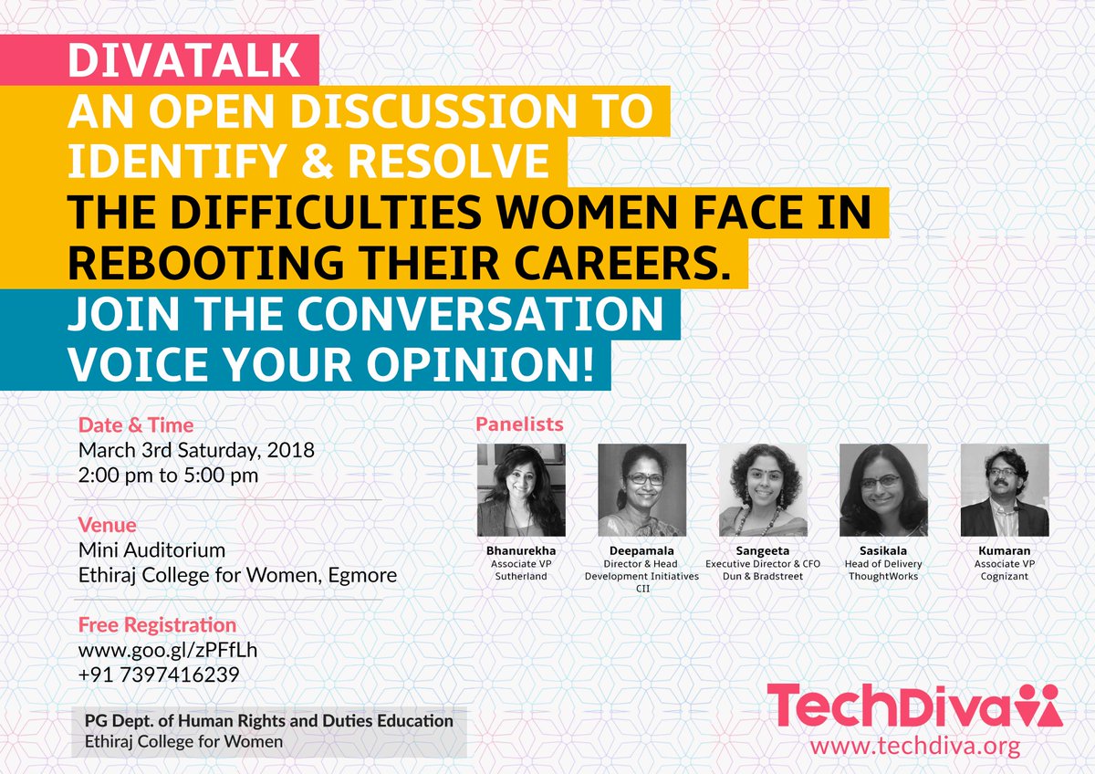 WeAreTechDiva's tweet image. DivaTalk, a discussion forum held by Techdiva to identify &amp;amp; resolve the difficulties women face in rebooting their career. Register now at goo.gl/zPFfLh 
#WeAreTechDiva #DivaTalk