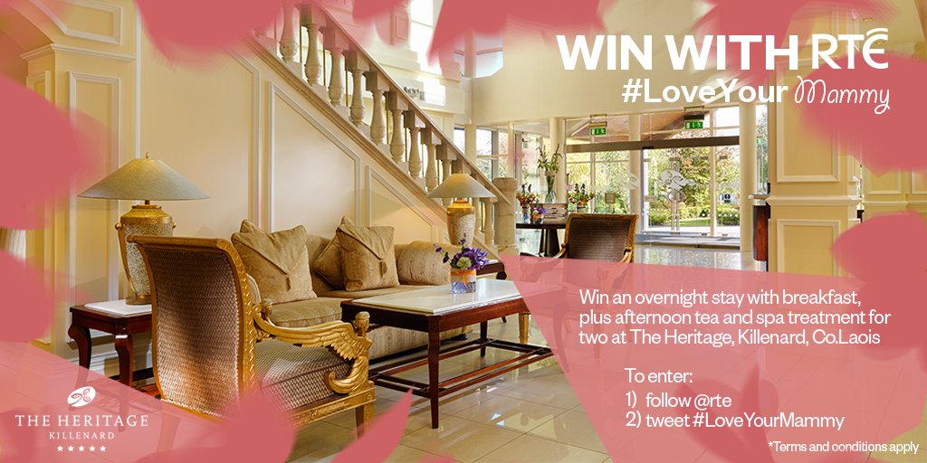 rte's tweet photo. To celebrate Mother's Day, we're giving away an amazing overnight stay with breakfast plus afternoon tea and spa treatment for two at @HeritageLaois. To enter, follow @rte &amp; tweet #LoveYourMammy https://t.co/cYKuCyPavS