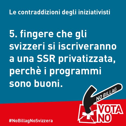 Gli iniziativisti ipotizzano che gli svizzeri si iscriverebbero ad una SSR privata per non perdere i loro programmi preferiti.

Peccato che questi programmi saranno costretti a scomparire con una SSR privata.

#NoNoBillag #NoBillagNoSvizzera