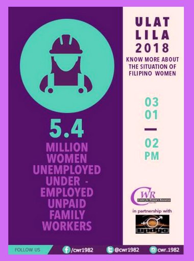 cwr1982's tweet photo. SAVE the DATE! | Know more about the relevant issues concerning #women from various sectors of the society. JOIN us on March 01, 2018 (2:00-5:00PM) @ the Balay Kalinaw, UP Diliman, QC! | #UlatLila #UL #UL2018 #IWD #IWD2018 #InternationalWomensDay #FilipinoWomen #WomensDay https://t.co/nE0LD2OVDm