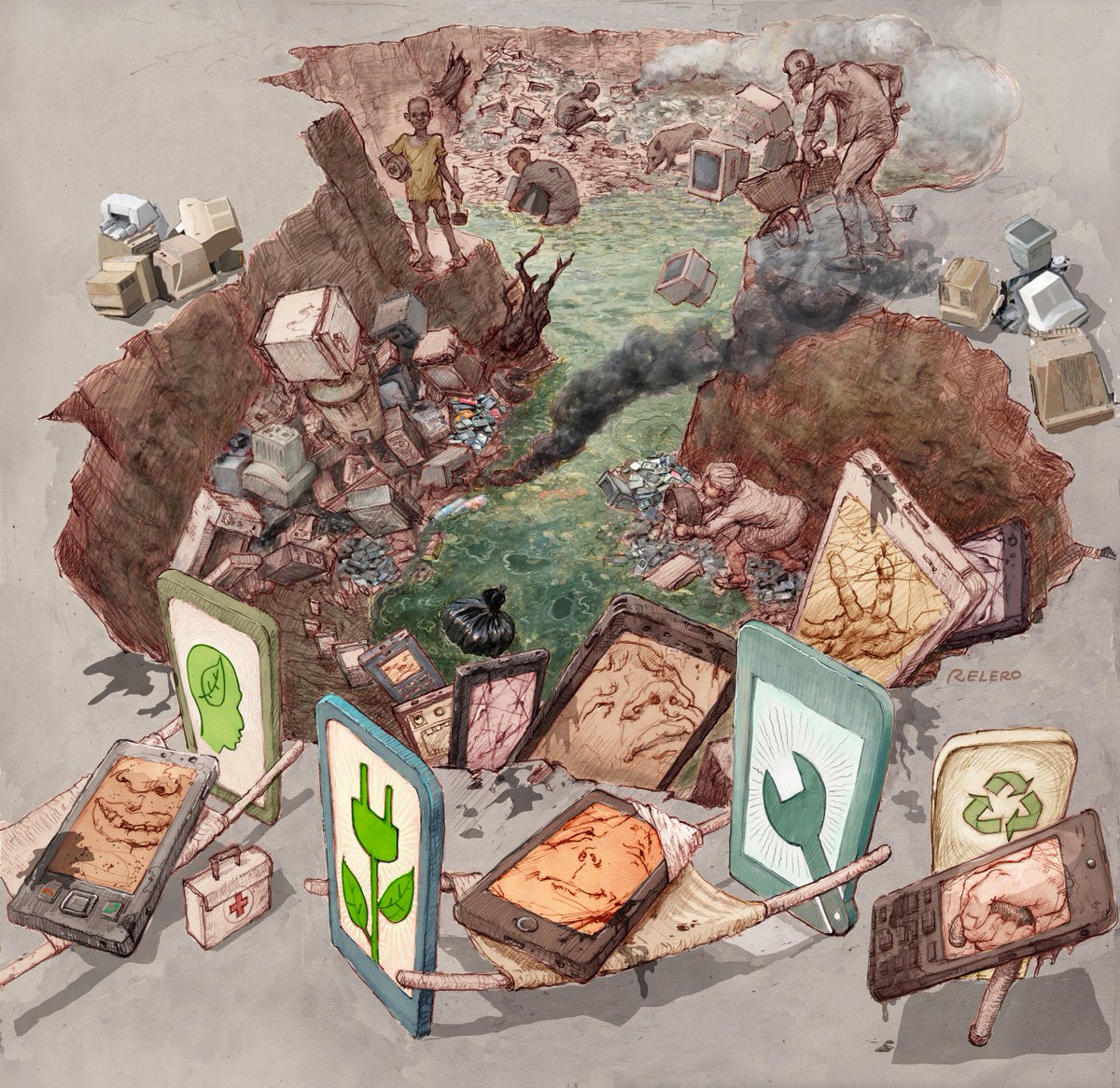 Orgranico's tweet image. Una 🖼️ que representa una dura realidad. Por una #bettertech @Green_Europe protestó de forma artística en el Mobile World Congress, el congreso más importante de tecnología del mundo #zerowaste #economiacircular #residuocero