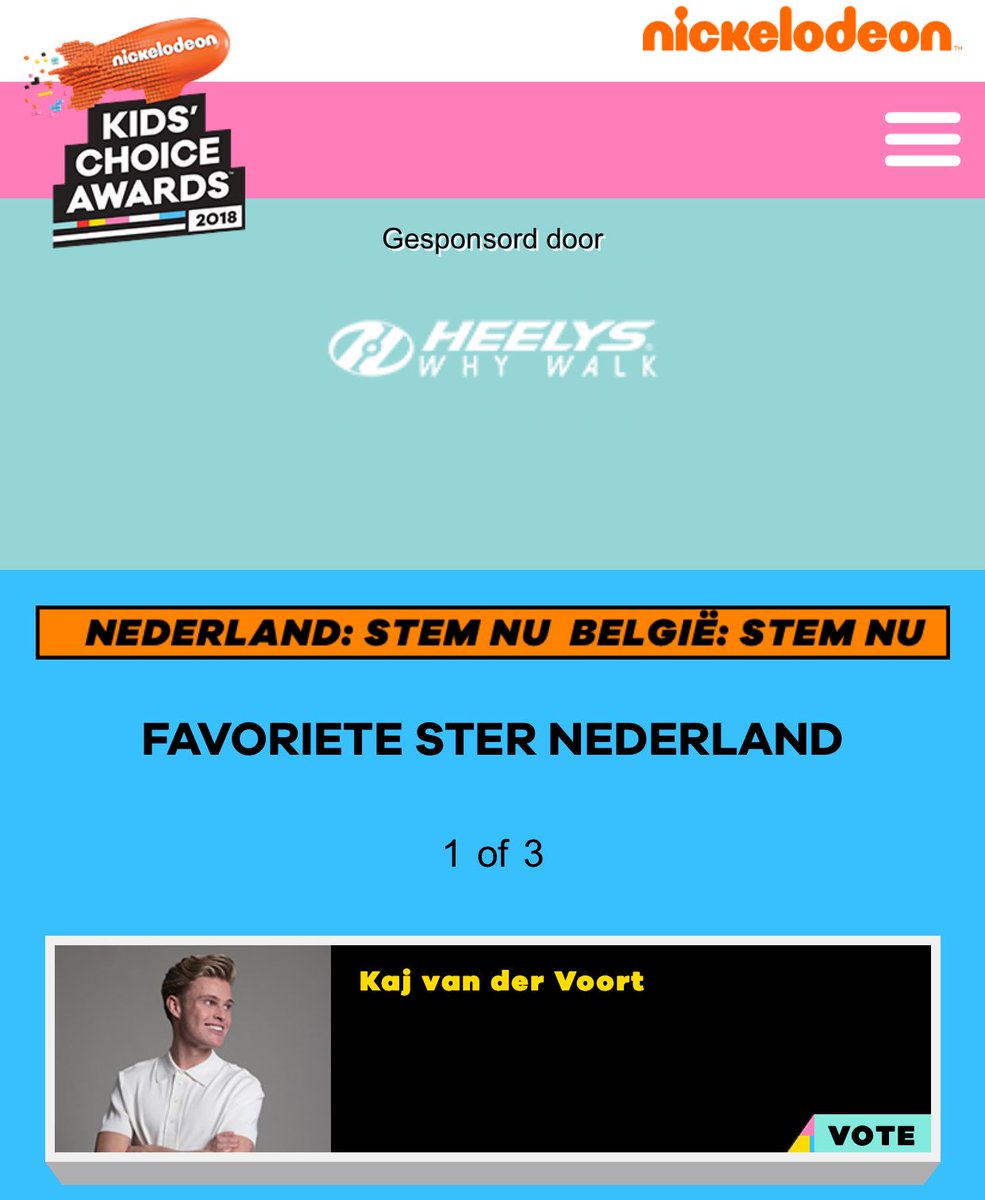 Wat een eer!!! Ik ben genomineerd voor een KIDS CHOICE AWARD!! Stem alsjeblieft 🙏🏼🙏🏼🙏🏼 kca.nickelodeon.nl/stem