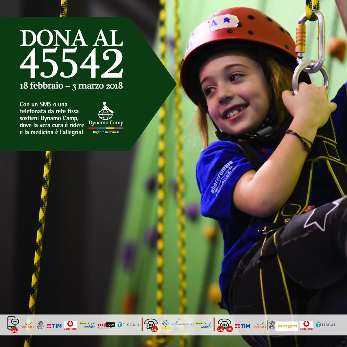 Manda un sms o chiama da rete fissa al 45542 per contribuire a regalare una vacanza gratuita a Dynamo Camp a 500 bambini e ragazzi dai 6 ai 17 anni, con patologie gravi o croniche, nell'estate 2018 e contribuire al numero di bambini complessivamente accolti dalla Onlus!
