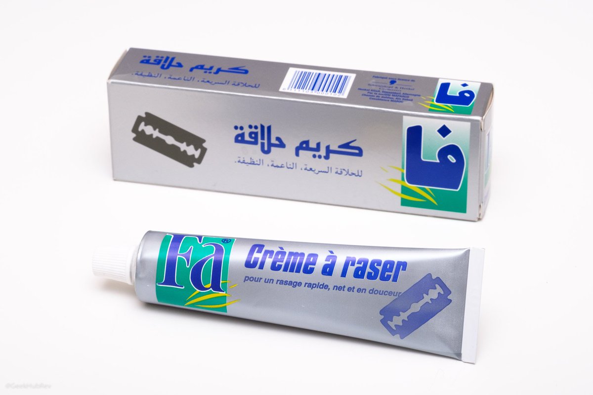 GeekHubRev's tweet photo. Fa crème à raser – #shavingream from #Morocco review: 6/10 – good cream with pleasant lemon scent, great lather and very good performance. https://t.co/hIAQdXoCF5 All for $1 for the 80 ml tube. #wetshaving @Henkel @schwarzkopf https://t.co/75QQfQqXav
