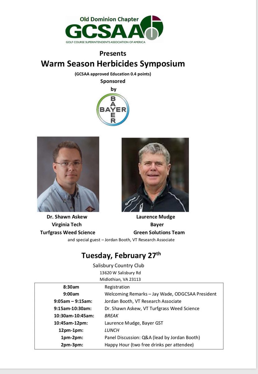 Eric Snelsire (@ericsnelsire) on Twitter photo Today’s the day! Excited for the <a href="/ODGCSA/">Old Dominion GCSA</a> Warm Season Herbicide Symposium in Richmond with <a href="/lcmtiger/">Laurence Mudge</a> <a href="/JordanCBooth/">Jordan Booth</a> <a href="/VTTurfweeds/">Shawn Askew, Ph.D.</a> Today’s the day! Excited for the <a href="/ODGCSA/">Old Dominion GCSA</a> Warm Season Herbicide Symposium in Richmond with <a href="/lcmtiger/">Laurence Mudge</a> <a href="/JordanCBooth/">Jordan Booth</a> <a href="/VTTurfweeds/">Shawn Askew, Ph.D.</a>