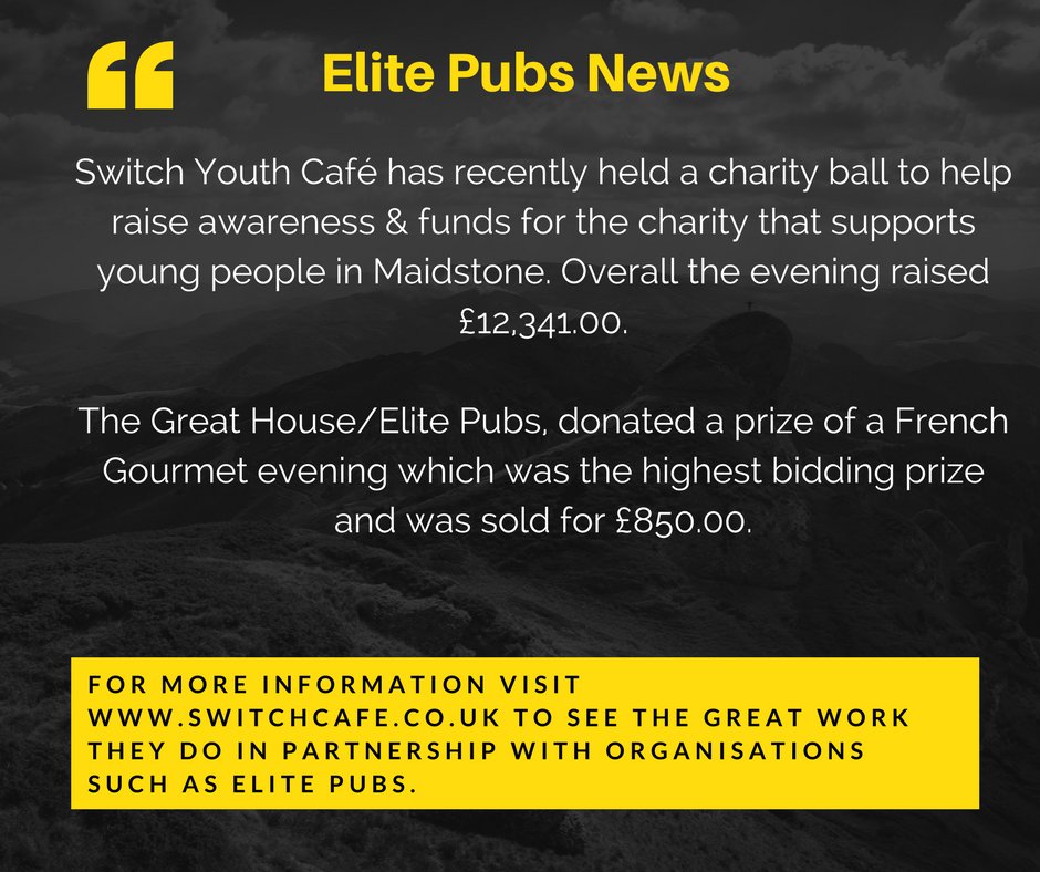 Switch Youth Café recently held a charity ball raising £12,341.00. The Great House/Elite Pubs, donated a prize of a French Gourmet evening which was the highest bidding prize and was sold for £850.00. #elitepubs #community