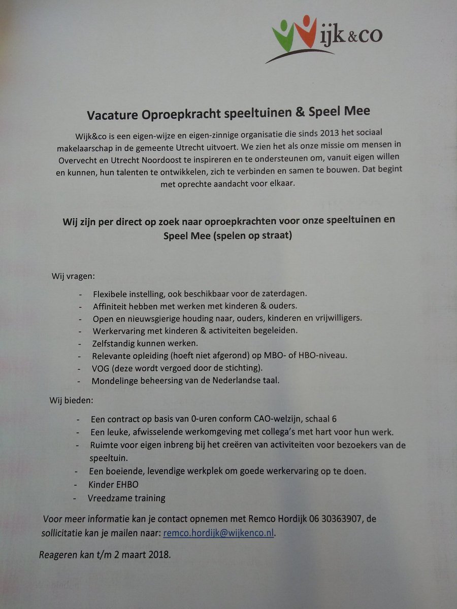 Wijk&amp;co zoekt oproepkrachten voor Speeltuinen en Speel Mee (straat). Deel &amp; RT, help je ons Mee