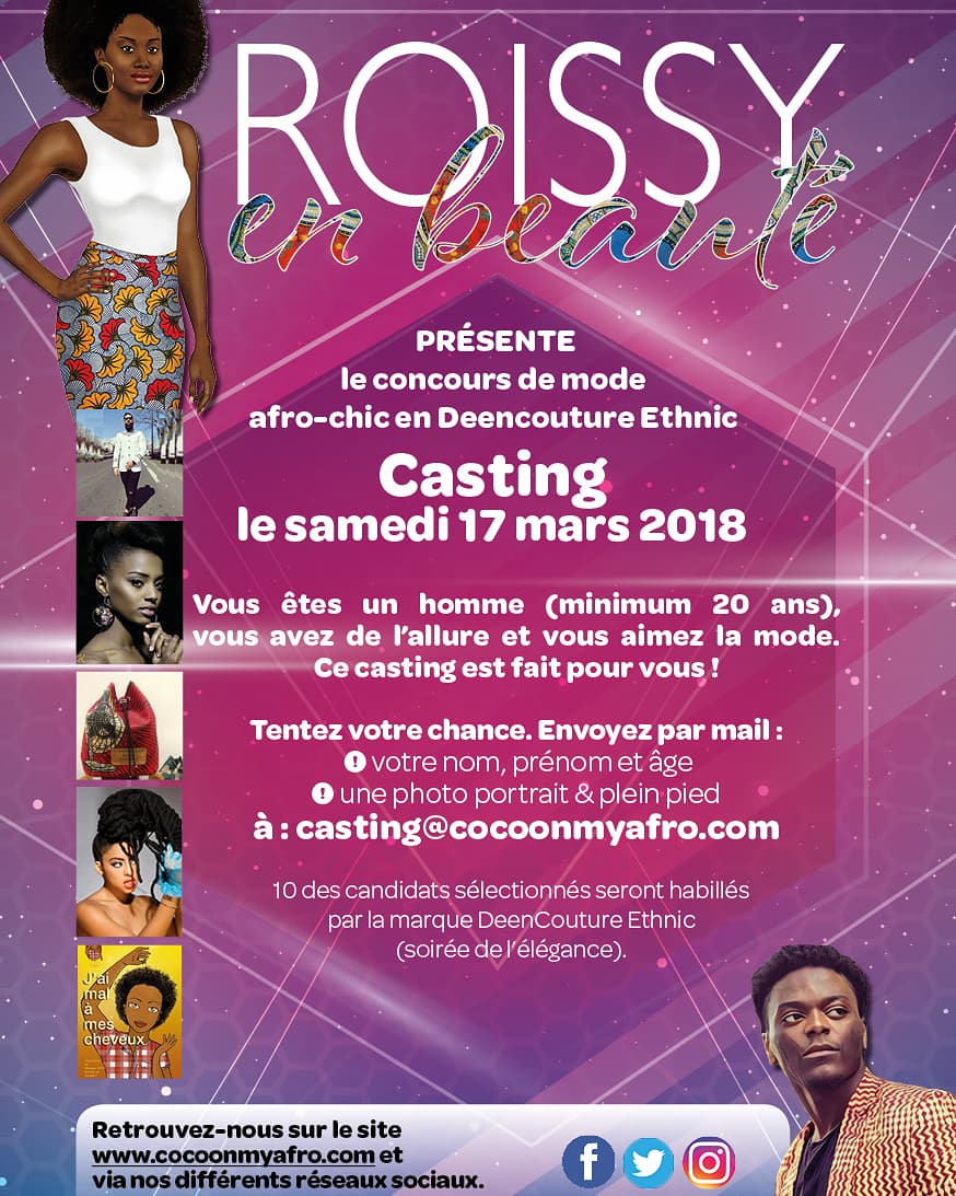cocoonmyafro's tweet photo. ☡☡☡ Dans le cadre de la soirée Élégance de notre événement "Roissy en Beauté", un casting pour le concours de mode "Afro-chic en Deencouture Ethnic"qui aura lieu en début de soirée est organisé.
Pour postuler ➡Casting@cocoonmyafro.com
Infos
➡contact@cocoonmyafro.com https://t.co/J3PZyaFLZ0