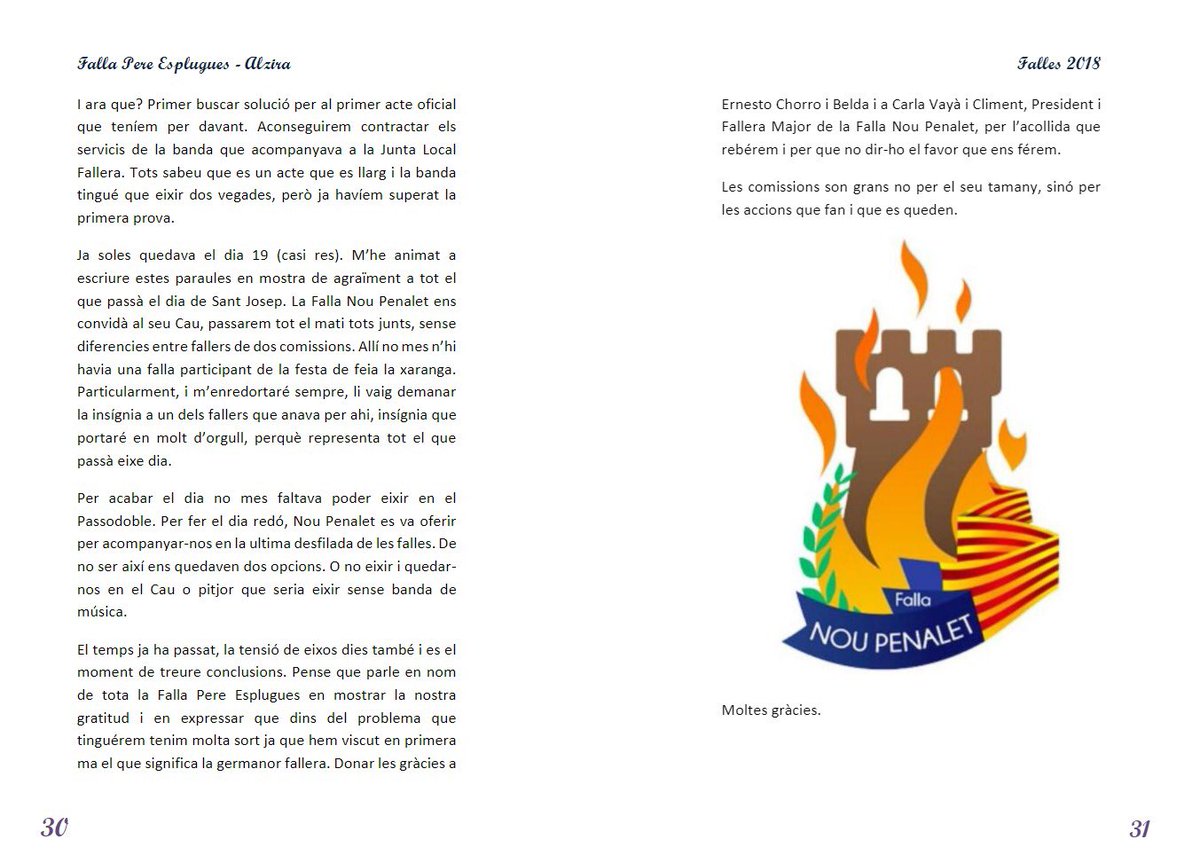 Germanor fallera!! Mil gràcies <a href="/fperesplugues/">Falla Pere Esplugues</a> per dedicar un article del vostre llibret a la nostra comissió!! 👏🏻👏🏻👏🏻