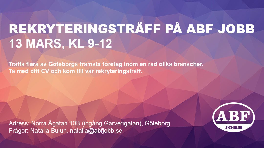 ABFJobb's tweet photo. @ABFJobb anordnar ännu en #Rekryteringsträff den 13/3 2018 i ABF Jobbs lokaler i Göteborg. Missa inte möjligheten att träffa flera #arbetsgivare inom olika branscher och se till att vässa ditt #CV. Vi ses där! @lernia @GoteborgStad @FrosundaOmsorg #nyttjobb #jobbmässa https://t.co/zeqvqmqLtl