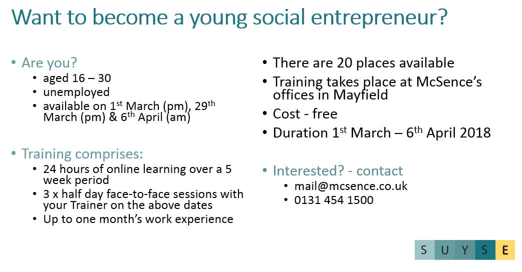 McSenceGroup's tweet photo. Still some places available on young social entrepreneurs' course - practical business training &amp; skills development. mail@mcsence.co.uk / 0131 454 1500. https://t.co/bCgVfvxQSn
