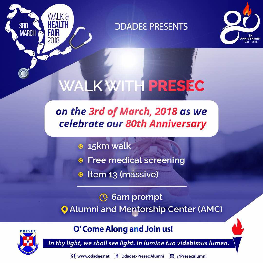 Odadee_Official's tweet photo. #WalkWithPresec this Saturday 3rd March as we celebrate our 80th anniversary.
Time is 6am prompt and we start from the Alumni & Mentorship Centre.
There will be free medical screening & item 13 is massively assured.
O come along & join us all Ɔdadeɛs
#Odadee #Presecat80 https://t.co/awhafnIaL8