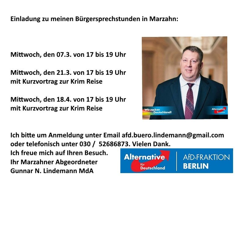 Einladung zu meinen #AfD Bürgersprechstunden in #Marzahn . Ich freue mich auf Sie.
#AfDimBundestag #AfDwirkt #Berlin