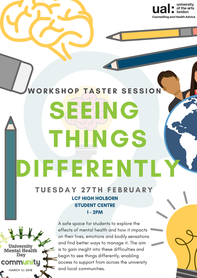 UAL_well's tweet photo. 'Seeing things differently' - a practical workshop with two counsellors from our service is starting in 15 minutes! Gain insight into different ways of looking at and managing the difficulties that arise throughout the academic year #universitymentalhealthday https://t.co/GzMoG8Vcu9