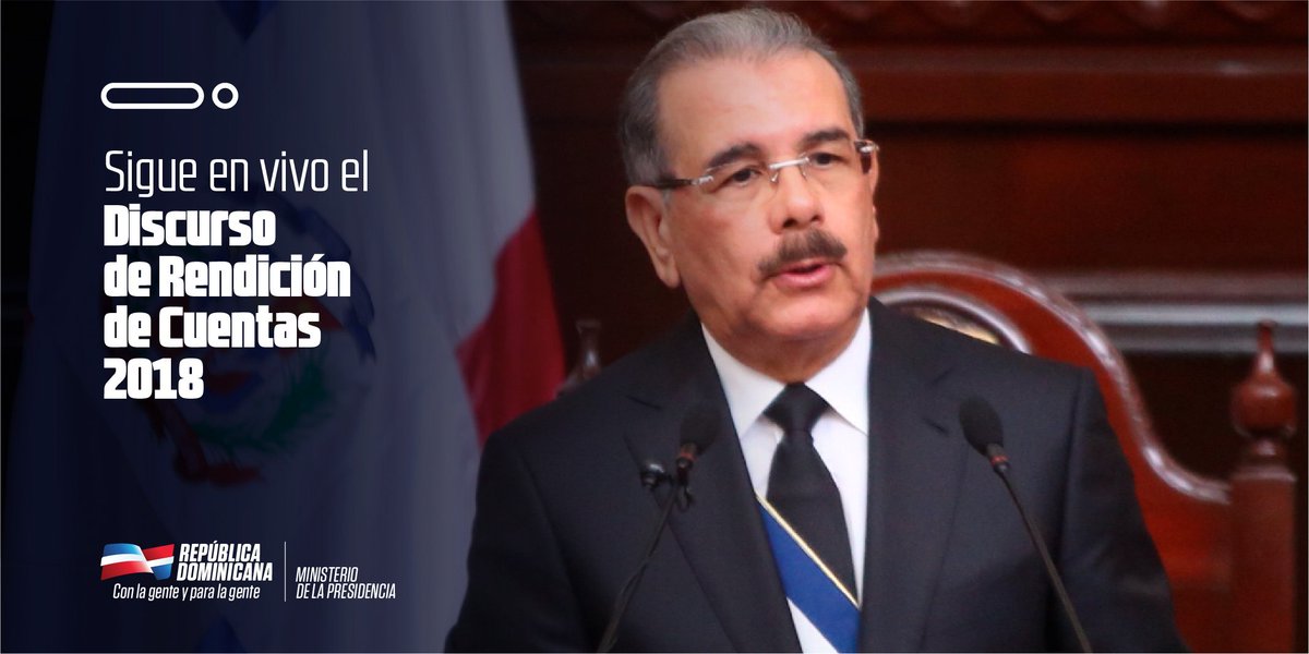 MinpreRD's tweet photo. No te pierdas la cobertura en vivo de la sexta rendición de cuentas del presidente @DaniloMedina. ¡Síguela a través de nuestras redes! #MinpreRD #27F2018 #Danilo27F https://t.co/5R0Ab4BAcM
