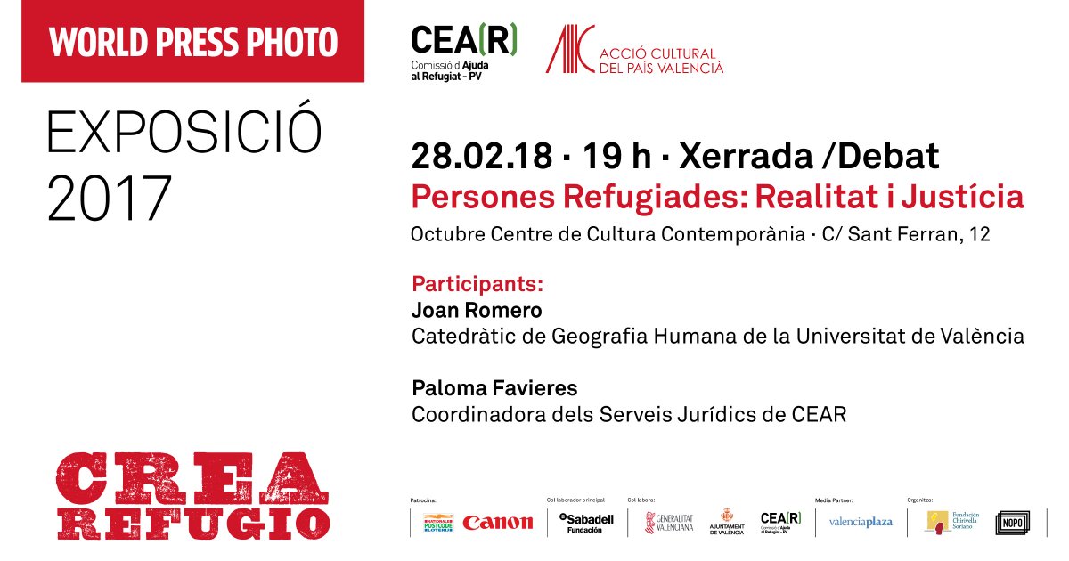 CEARefugio's tweet photo. Mañana a esta hora hablamos en la @WPP_valencia sobre la situación jurídica de los #refugiados y los múltiples motivos que les obligan a huir de sus países.
Ven y #CreaRefugio con @CEAR_PV 👉 https://t.co/QUFSaPVSEH https://t.co/DUezHpQrpk