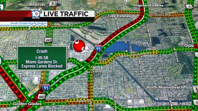 CRASH: I-95 SB & Miami Gardens Dr. Express lanes are blocked. #TRAFFIC https://t.co/TQLfP8pe7D